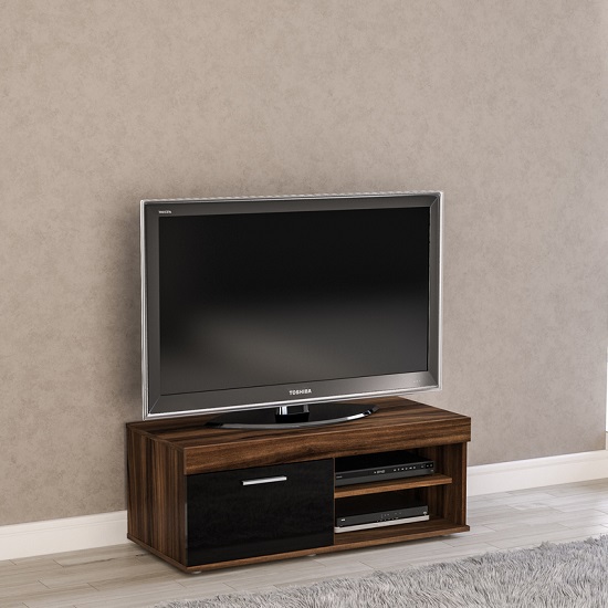 Amerax Small TV Stand In Walnut And Black Gloss With 1 Door Furniture in Fashion