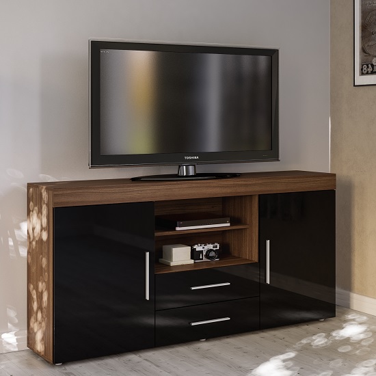 Photo of Amerax tv sideboard in walnut and black high gloss with 2 doors