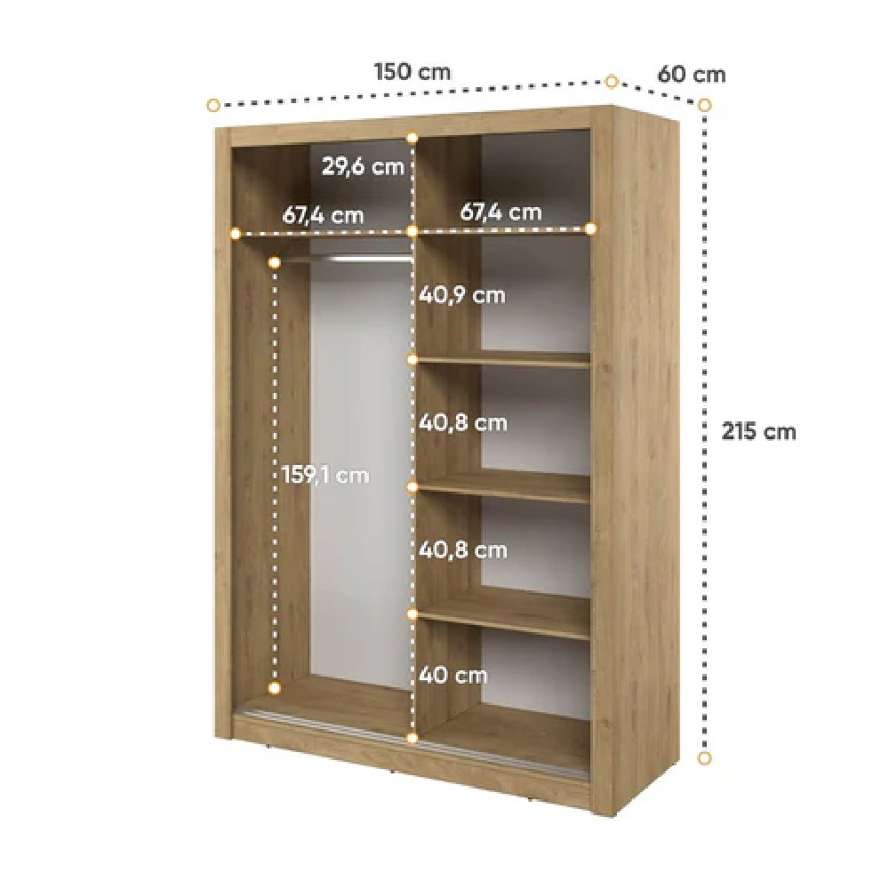 Ames Mirrored Wardrobe With 2 Sliding Doors In Oak Artisan