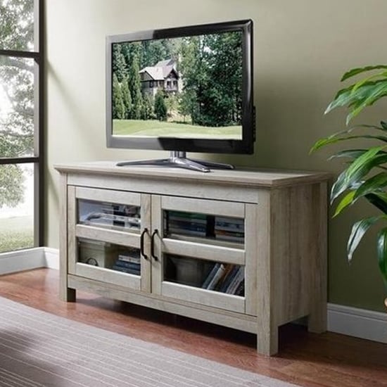 Photo of Ames wooden tv stand with 2 doors in traditional white oak