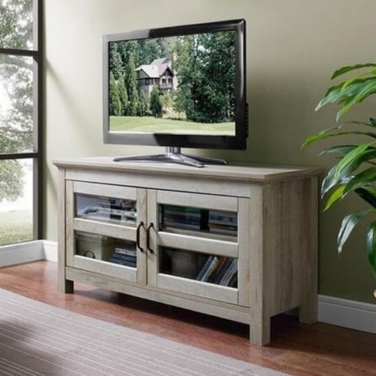 Read more about Ames wooden tv stand with 2 doors in traditional white oak