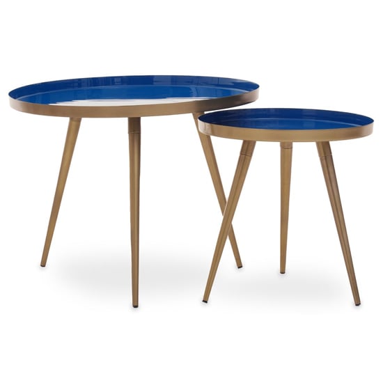 Product photograph of Amiga Blue Enamel Top Nest Of 2 Tables With Gold Legs from Furniture in Fashion