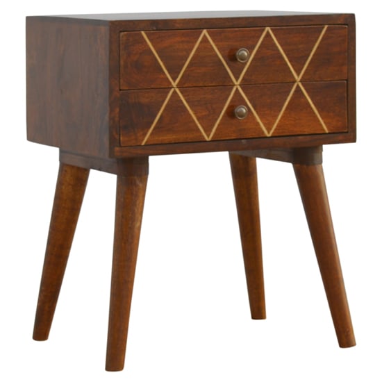 Amish Wooden Brass Inlay Bedside Cabinet In Chestnut 2 Drawers