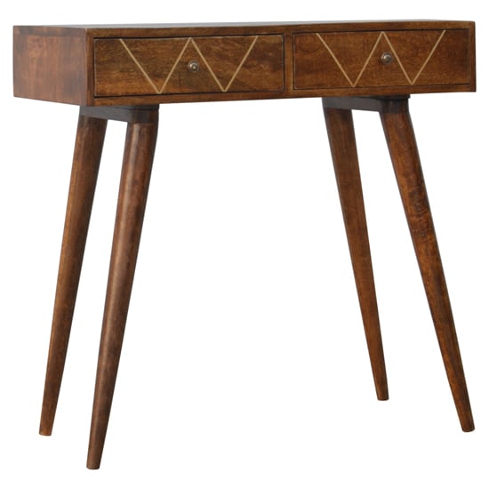 Read more about Amish wooden brass inlay console table in chestnut with 2 drawer