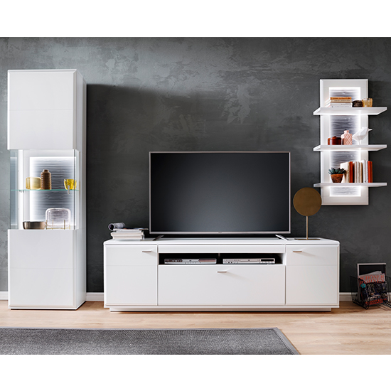 Amora LED Living Room Set In Matt White With Shelf Unit Furniture in