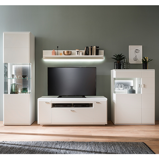 Amora LED Living Room Set In Matt White With Wall Shelf | Furniture in Fashion