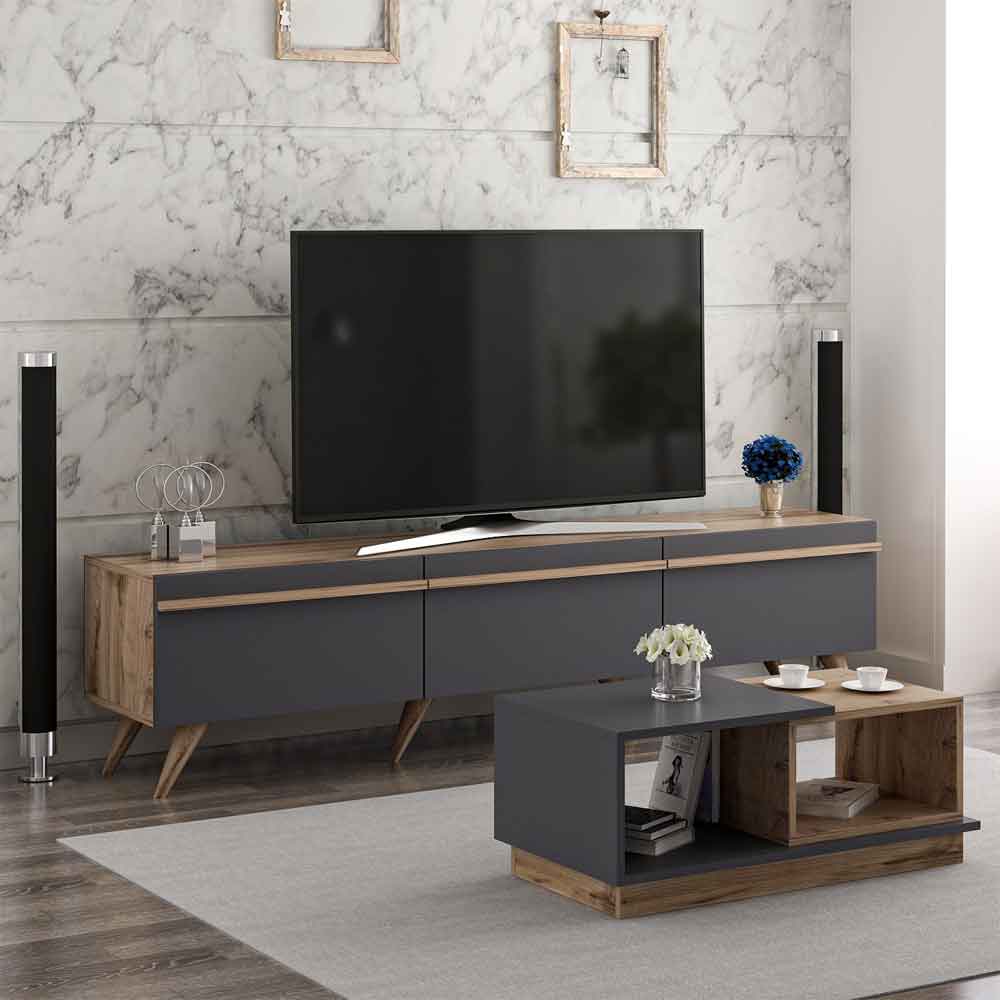 Amsterdam Wooden TV Stand and Coffee Table Set in Anthracite and Walnut