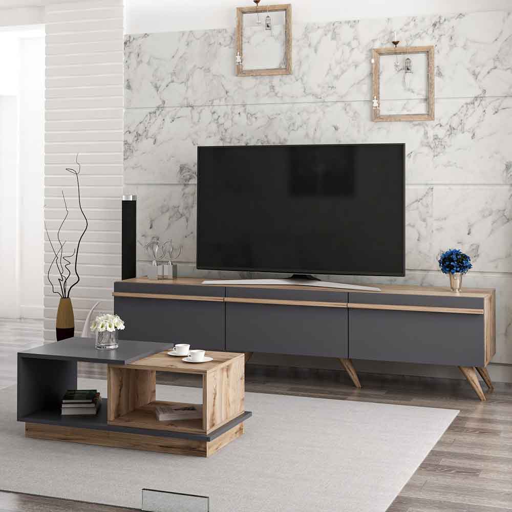 Amsterdam Wooden TV Stand and Coffee Table Set in Anthracite and Walnut