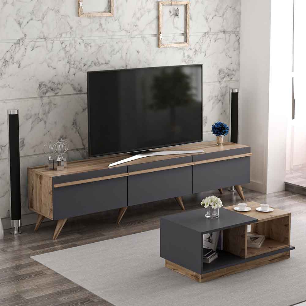 Amsterdam Wooden TV Stand and Coffee Table Set in Anthracite and Walnut