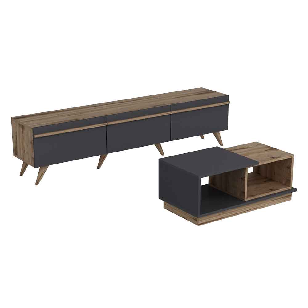 Amsterdam Wooden TV Stand and Coffee Table Set in Anthracite and Walnut