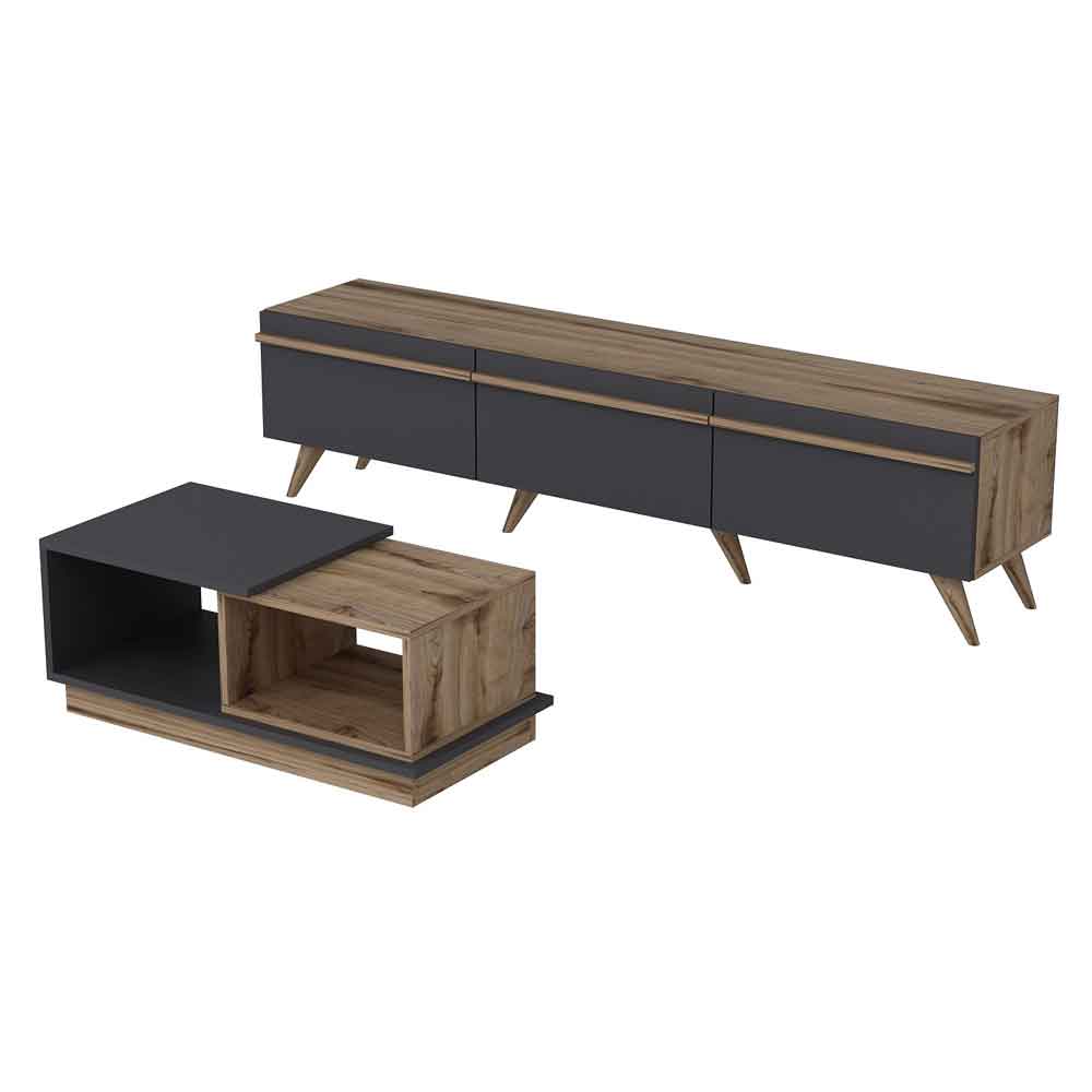 Amsterdam Wooden TV Stand and Coffee Table Set in Anthracite and Walnut