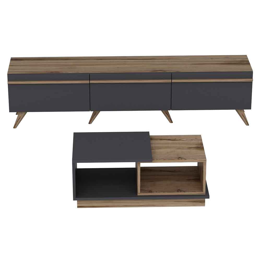 Amsterdam Wooden TV Stand and Coffee Table Set in Anthracite and Walnut