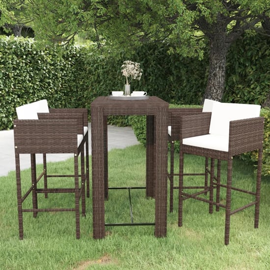 Product photograph of Amy Large Poly Rattan Bar Table With 4 Avyanna Chairs In Brown from Furniture in Fashion