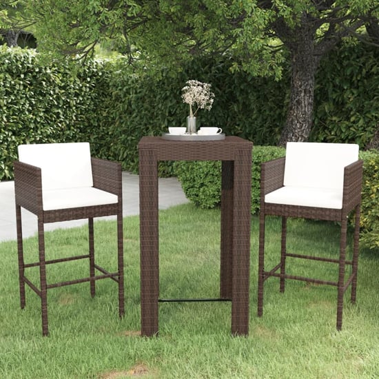 Photo of Amy small poly rattan bar table with 2 avyanna chairs in brown