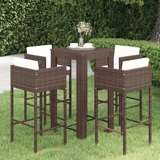 Photo of Amy small poly rattan bar table with 4 avyanna chairs in brown