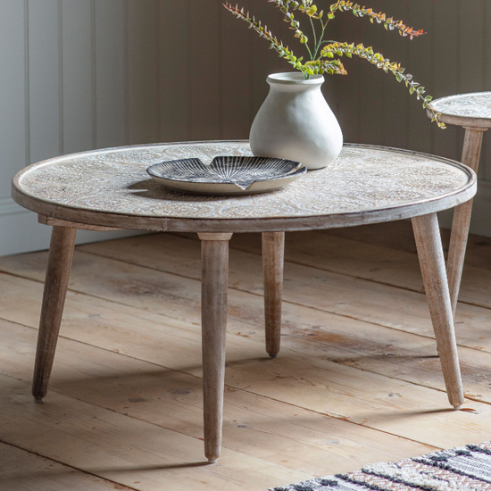 Product photograph of Andalusia Round Mango Wood Coffee Table In Natural And White from Furniture in Fashion