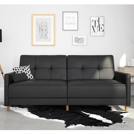 Auckland Leather Sprung Sofa Bed In Black With Wooden Legs_2
