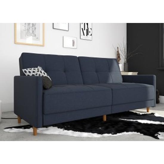 Product photograph of Auckland Leather Sprung Sofa Bed In Blue Linen With Wooden Legs from Furniture in Fashion