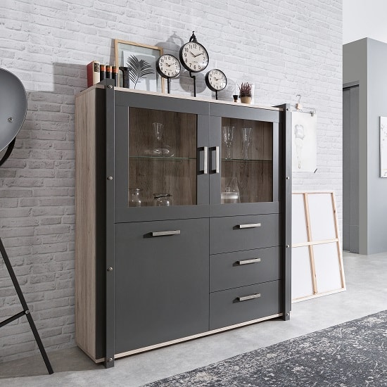 Andora Wooden Highboard In Sorrento Oak And Anthracite
