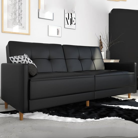 Photo of Andorra faux leather sofa bed with wooden legs in black