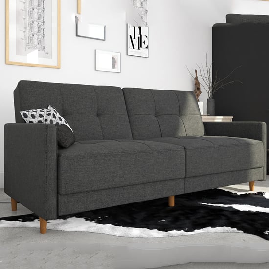Photo of Andorra linen fabric sofa bed with wooden legs in grey