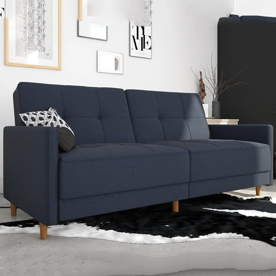 Photo of Andorra linen fabric sofa bed with wooden legs in navy blue