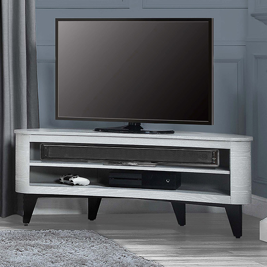 Read more about Anfossi corner wooden tv stand in grey with black legs