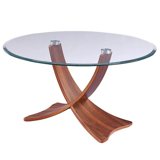 Read more about Anfossi round clear glass coffee table with walnut legs