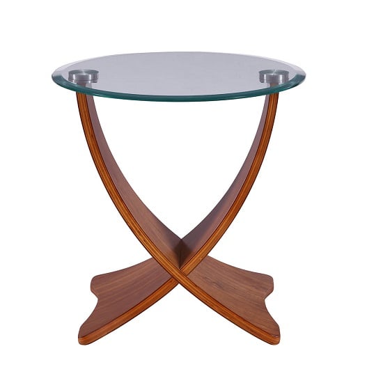 Read more about Anfossi round clear glass lamp table with walnut legs