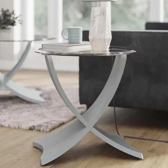 Read more about Anfossi round clear glass lamp table with grey legs