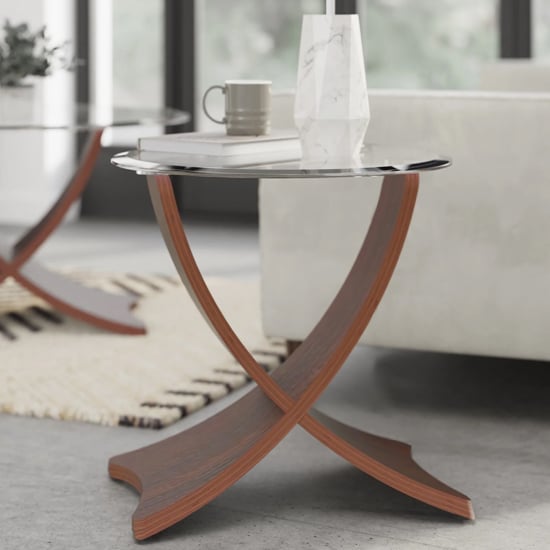 Read more about Anfossi round clear glass lamp table with walnut legs