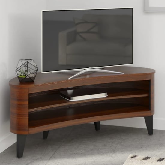 Product photograph of Anfossi Wooden Corner Tv Stand In Walnut With Black Legs from Furniture in Fashion