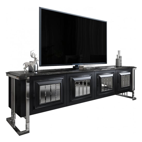 Angel Mirrored Marble Effect Top Wooden TV Stand In Black Sale