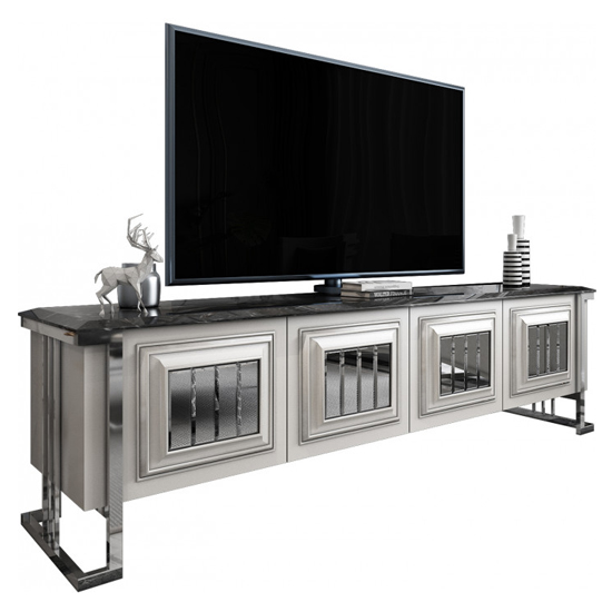 Angel Mirrored Marble Effect Top Wooden TV Stand In White Sale