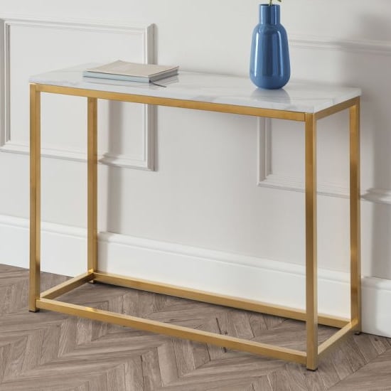 Product photograph of Sable Gloss White Marble Effect Console Table And Gold Frame from Furniture in Fashion