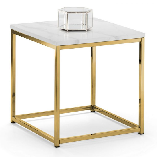 Sable Gloss White Marble Effect Lamp Table With Gold Frame_2