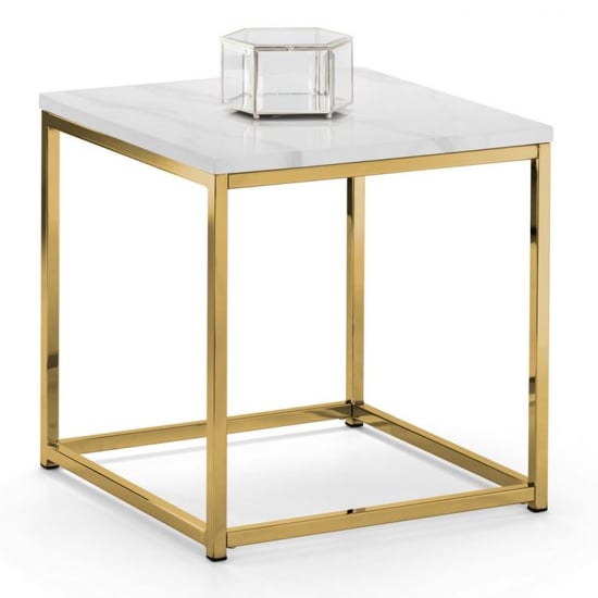 Sable Gloss White Marble Effect Lamp Table With Gold Frame