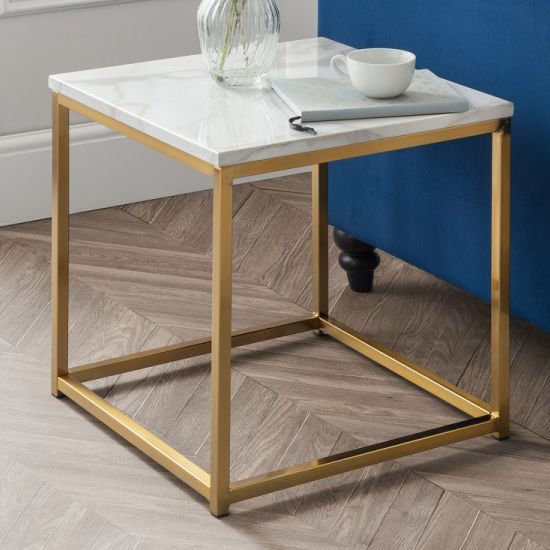 Product photograph of Sable Gloss White Marble Effect Lamp Table With Gold Frame from Furniture in Fashion