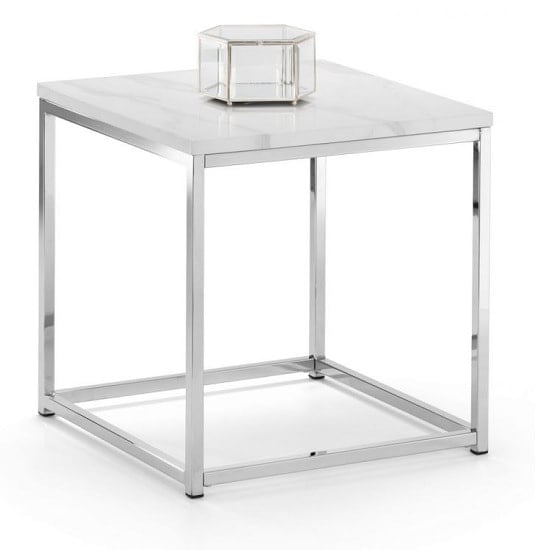 Product photograph of Sable Gloss White Marble Effect Lamp Table With Steel Frame from Furniture in Fashion