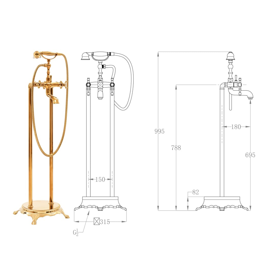 Angers Freestanding Bath Shower Mixer Tap With Shower Kit - Gold