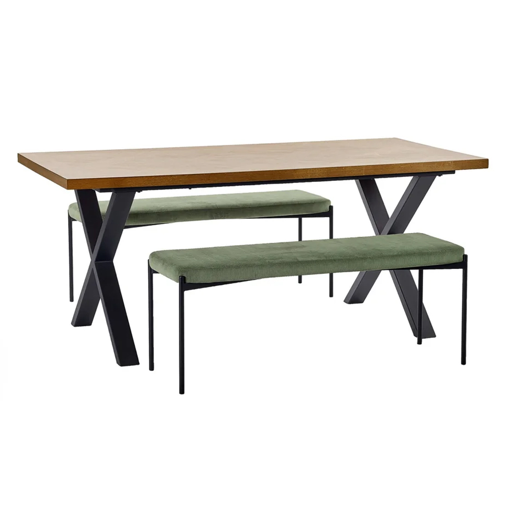 Angers Oak Wooden Dining Table With 2 Luling Green Benches