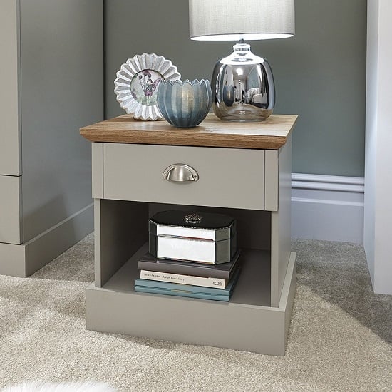 Photo of Kirkby bedside table in soft grey with oak effect top