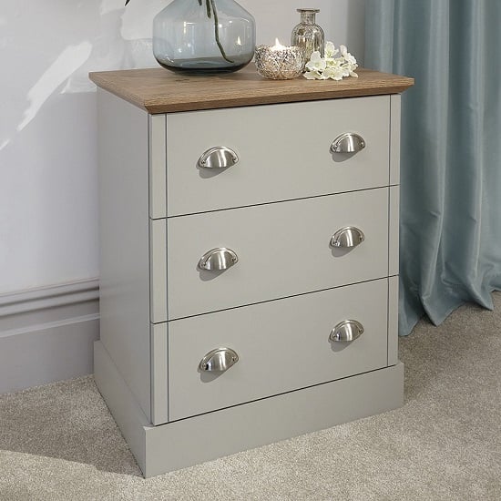 Product photograph of Kirkby Small Chest Of Drawers In Soft Grey With Oak Effect Top from Furniture in Fashion