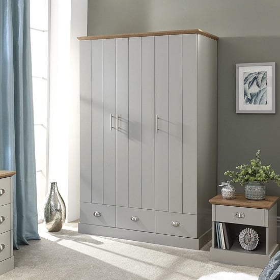 Read more about Kirkby wide wardrobe in soft grey with oak effect top