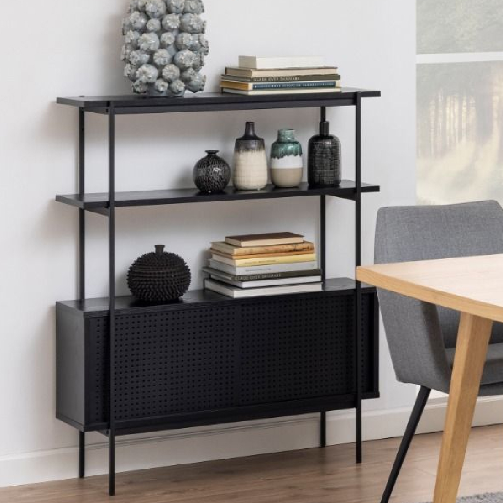Angus Wooden Bookcase With 2 Sliding Doors In Black