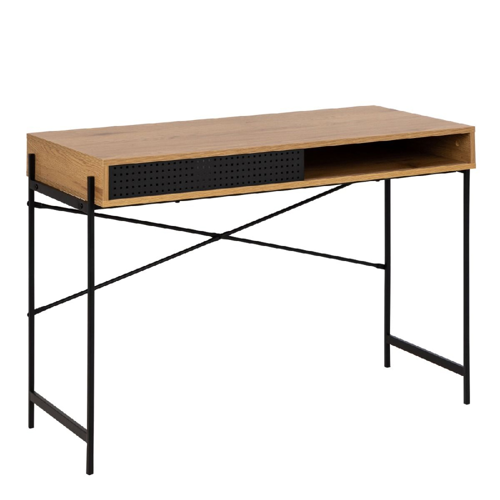 Angus Wooden Laptop Desk With Sliding Door In Oak And Black