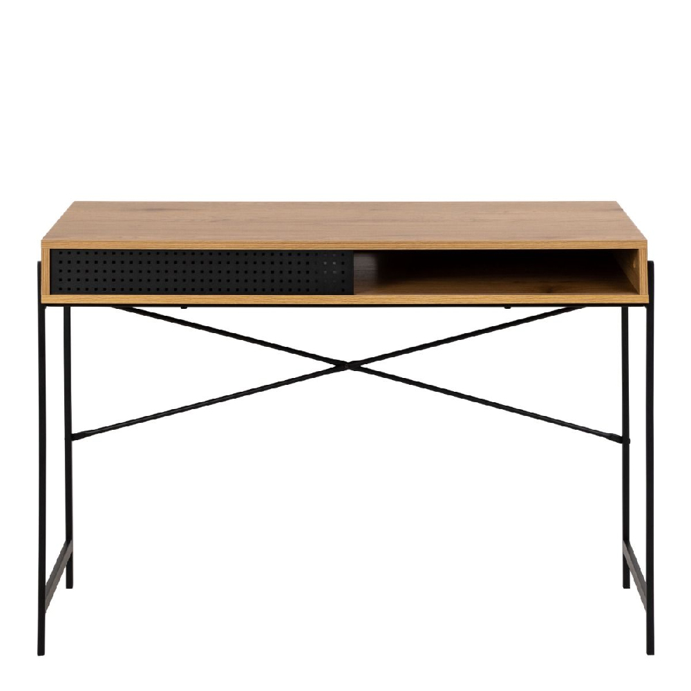 Angus Wooden Laptop Desk With Sliding Door In Oak And Black