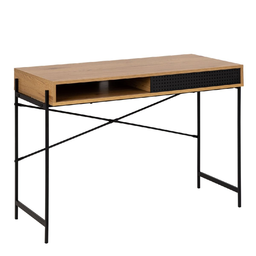 Angus Wooden Laptop Desk With Sliding Door In Oak And Black