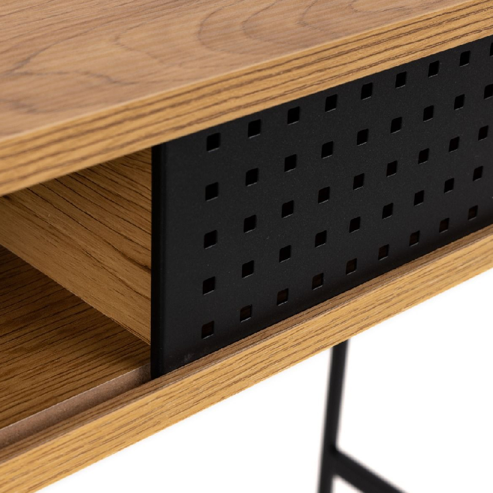Angus Wooden Laptop Desk With Sliding Door In Oak And Black