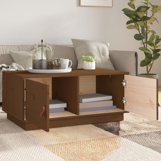 Anicet Pinewood Coffee Table With 2 Doors In Honey Brown